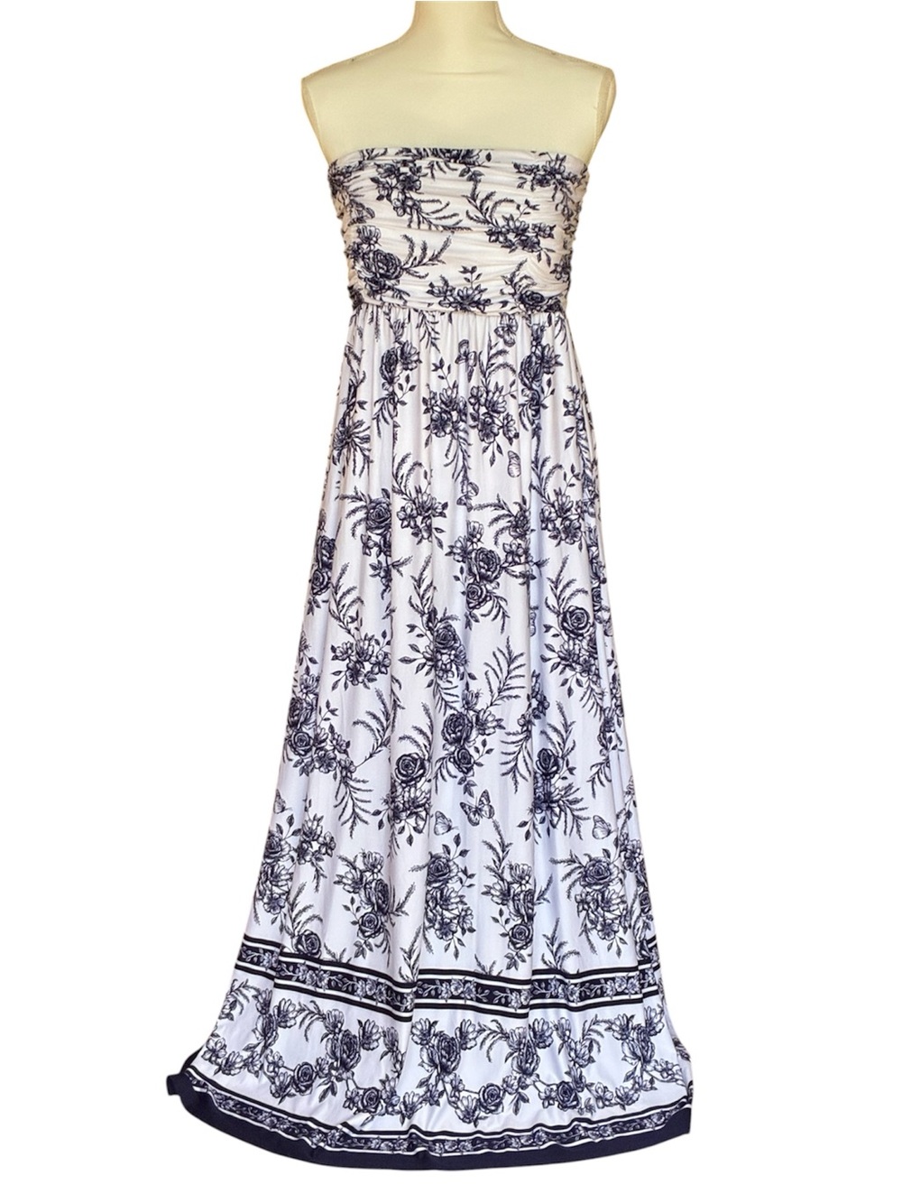 SOMA White & Navy Blue Strapless Floral Maxi Dress w/ Floral Print NWOT Sz Large